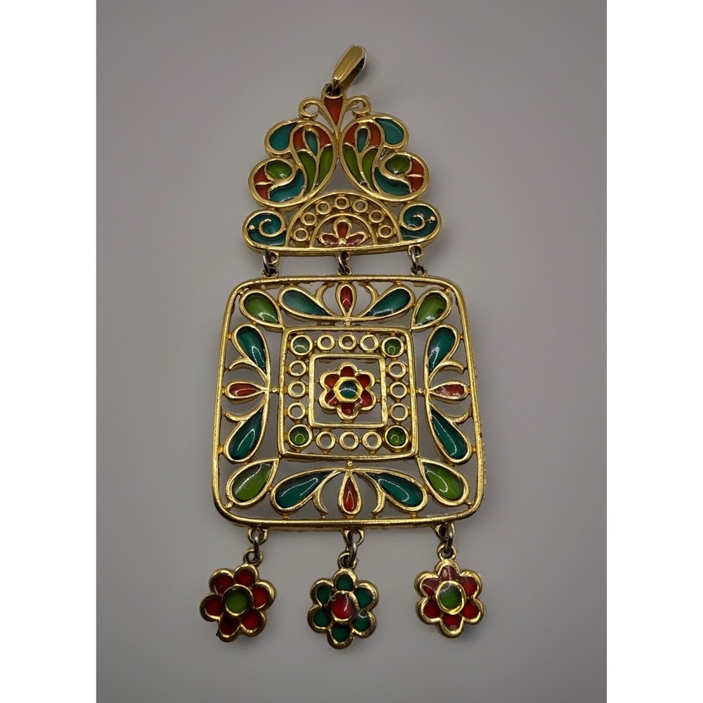 Vintage Trifari Gold Plated Green Red Plique Glass Flower Pendant